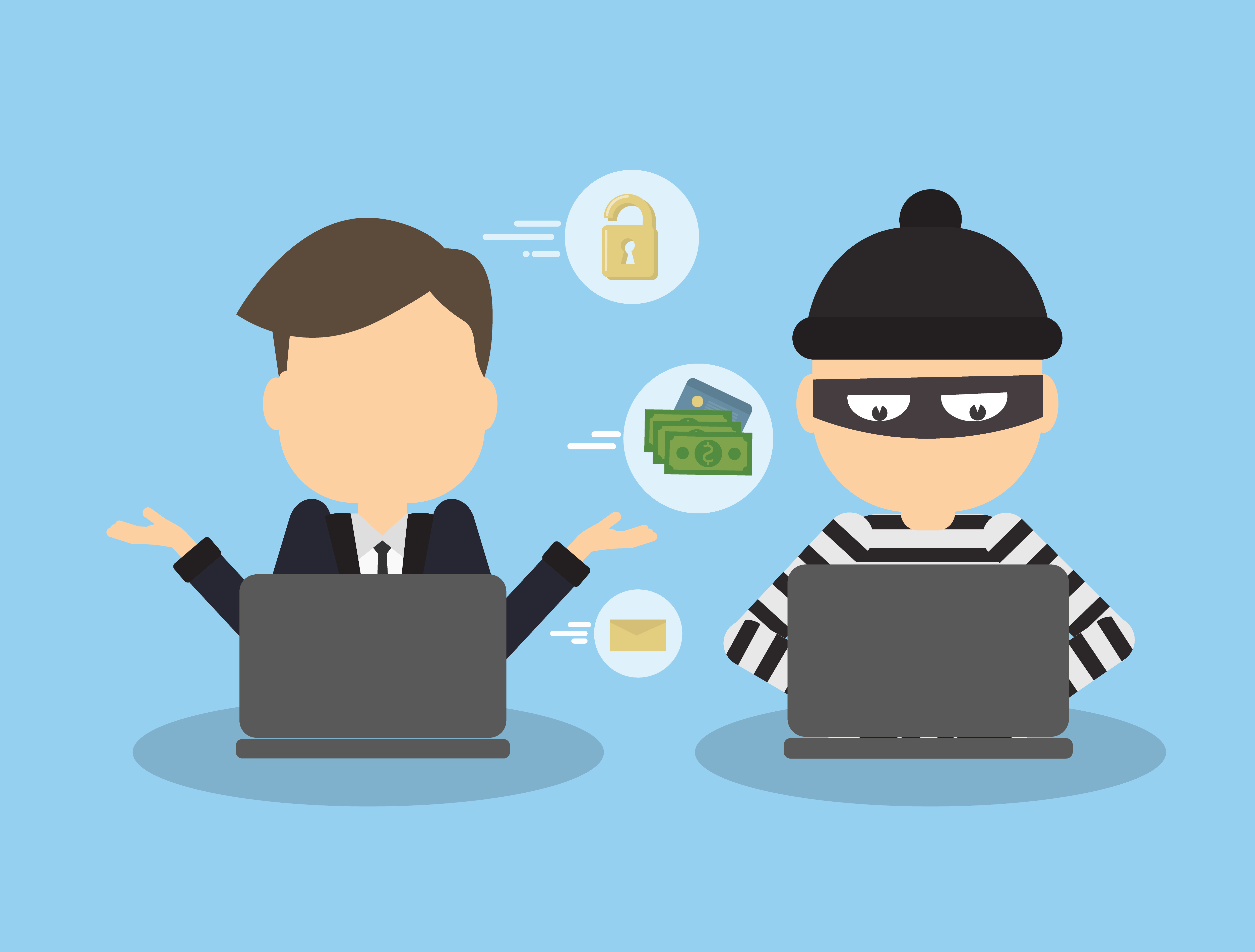 ransomware burglar and confused business person